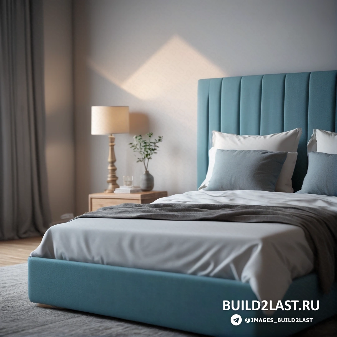 Фотореализм - 3D визуализация. Кровать с синим изголовьем и белым одеялом и подушками на нем в спальне с лампой и окном