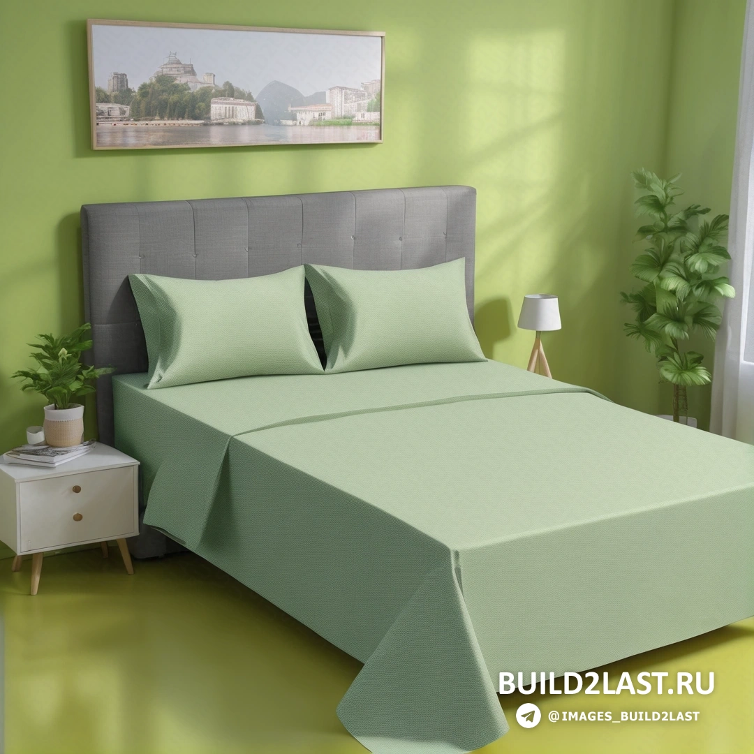 Super Flat - 3D рендер. Кровать с зеленым покрывалом и подушками в комнате с зеленой стеной
