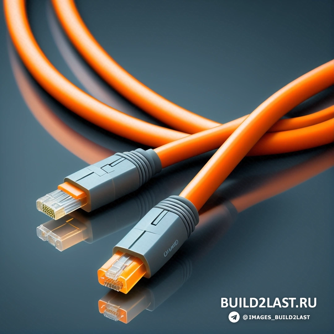 Объективная абстракция - компьютерная графика. Крупный план пары оранжевых кабелей на синей поверхности с отражением на земле и черным фоном.
