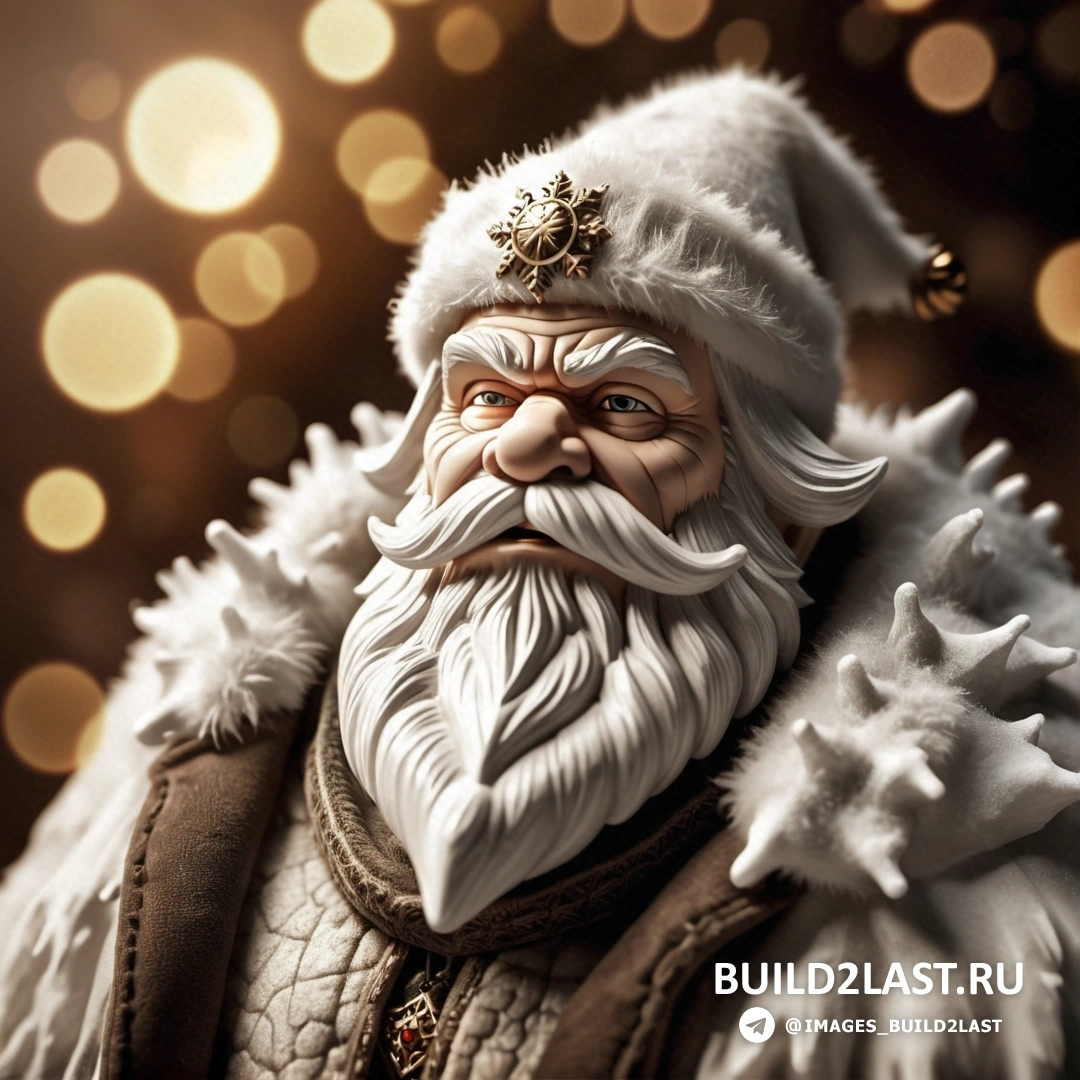 крупный план Санта-Клауса с бородой и кольцом для бороды на голове и золото-белым фоном