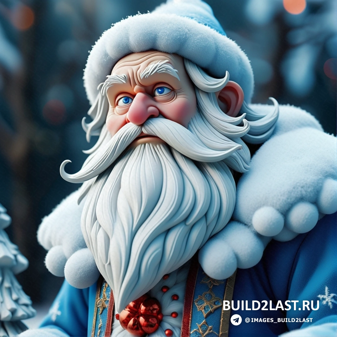 крупный план Санта-Клауса с бородой в синем костюме и шляпе с красным бантом