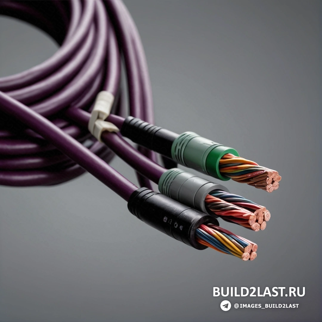 Модульный конструктивизм — компьютерная визуализация. Крупный план фиолетового кабеля с двумя подключенными к нему проводами и зеленым проводом