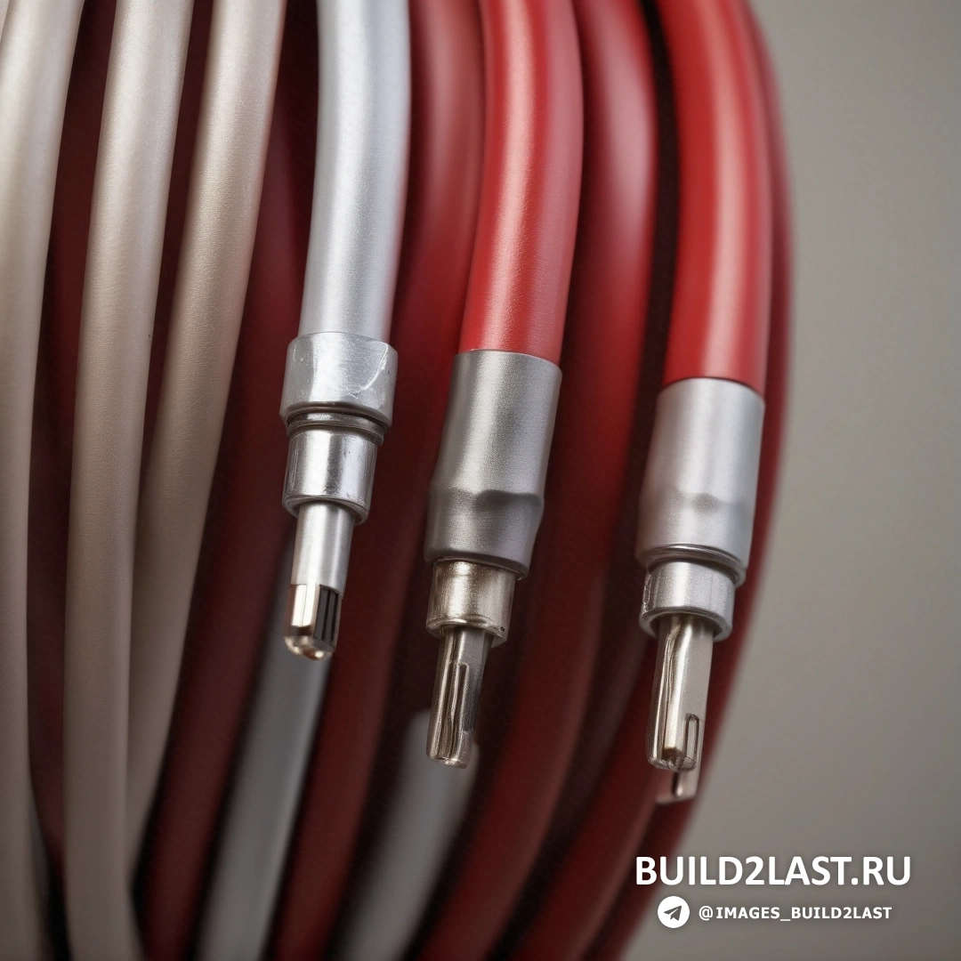 Фотореализм — рендеринг с окклюзией окружающего пространства. Крупный план красного и серебристого кабеля с двумя белыми проводами, подключенными к нему, и красно-серебристым проводом