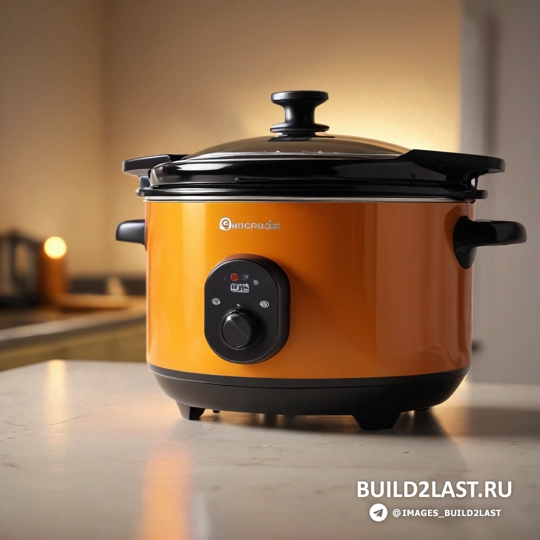 Les automatistes - компьютерный рендеринг. Крупный план мультиварки на столешнице с включенным светом за ней