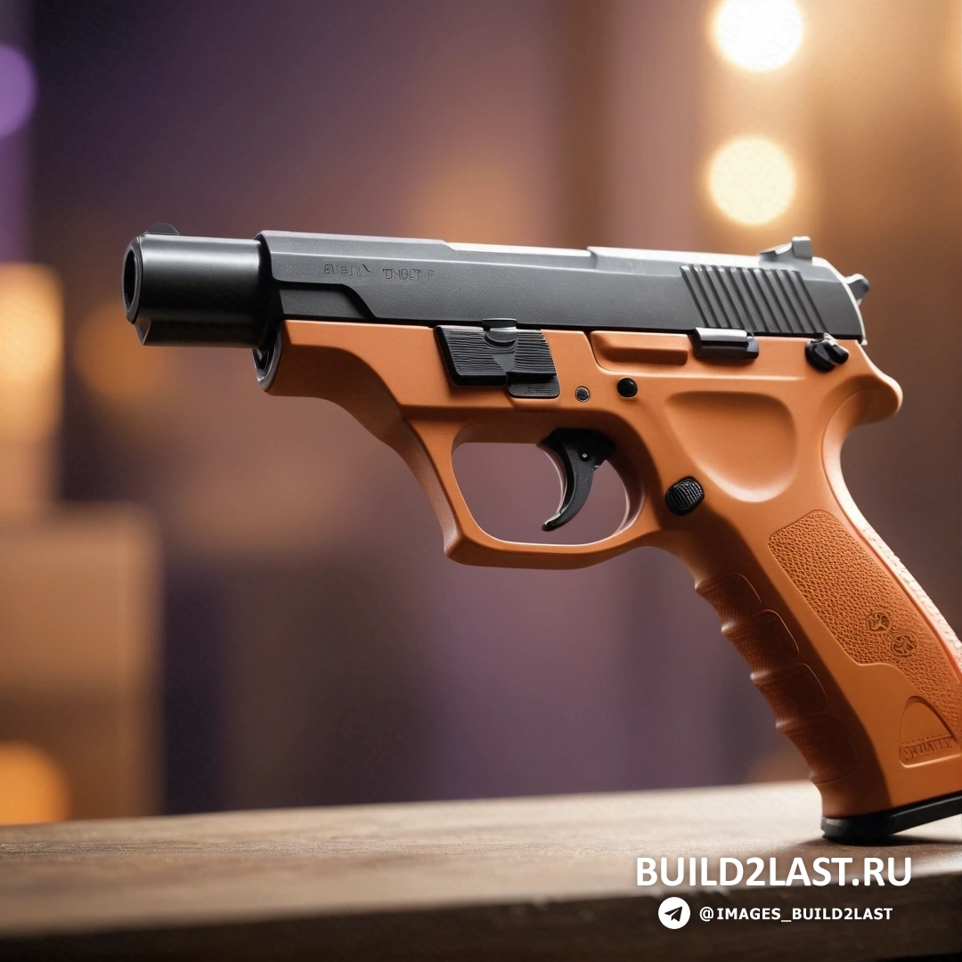 Прецизионизм - 3D-рендер. Крупный план пистолета на столе с размытым фоном