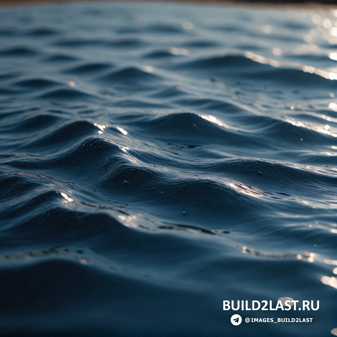 Фотореализм - 3D-рендеринг. Крупный план поверхности воды водоема с падающим на него солнцем и небольшим участком земли на заднем плане