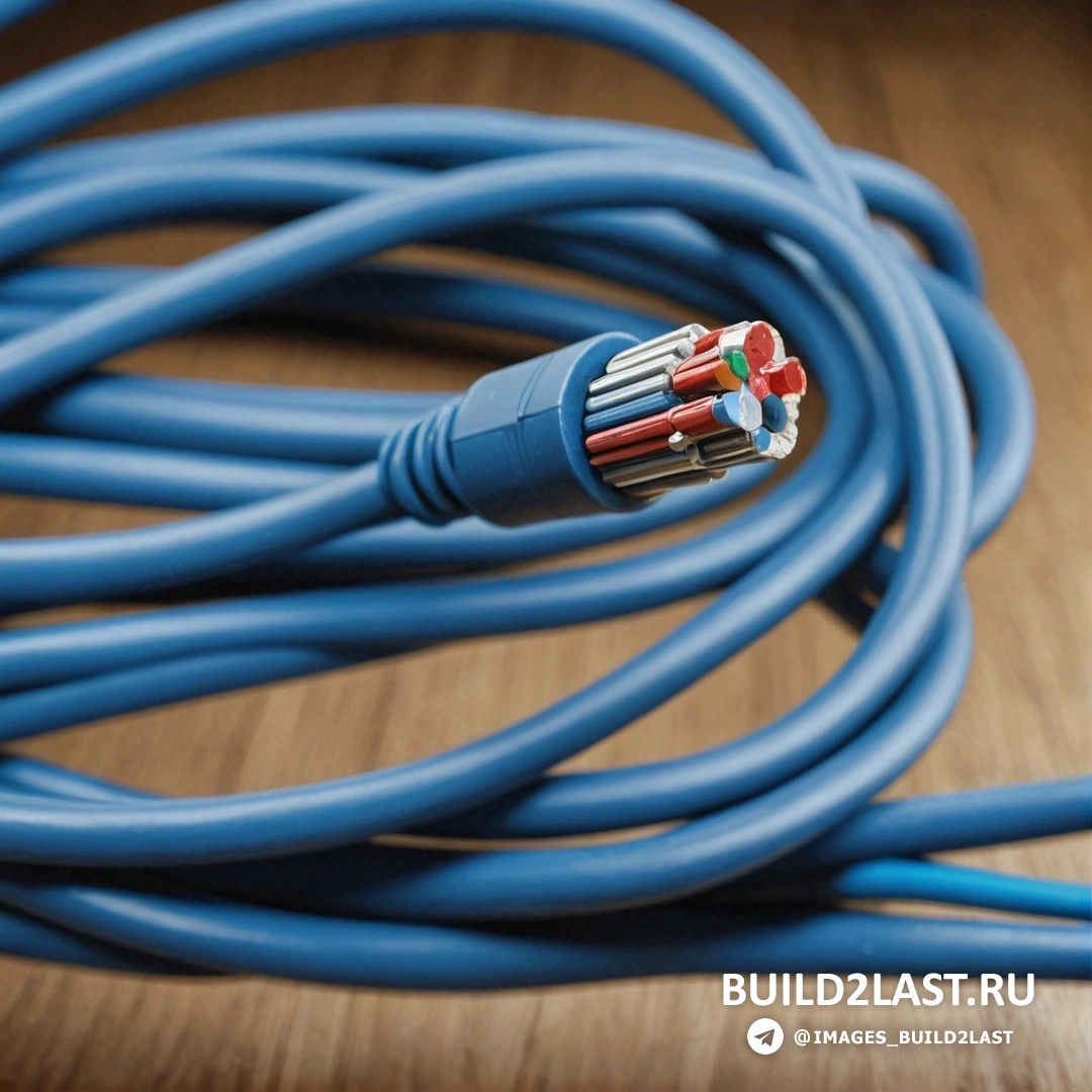 Постминимализм - компьютерная визуализация. Крупный план синего кабеля на деревянной поверхности с красно-белым проводом на нем