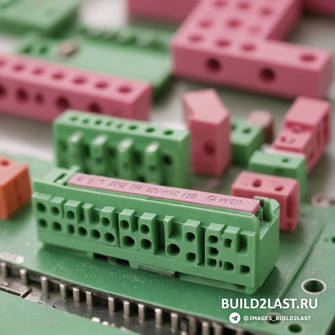 Модульный конструктивизм - компьютерный рендеринг. Крупный план зелено-розового устройства типа лего с красными и розовыми блоками по бокам