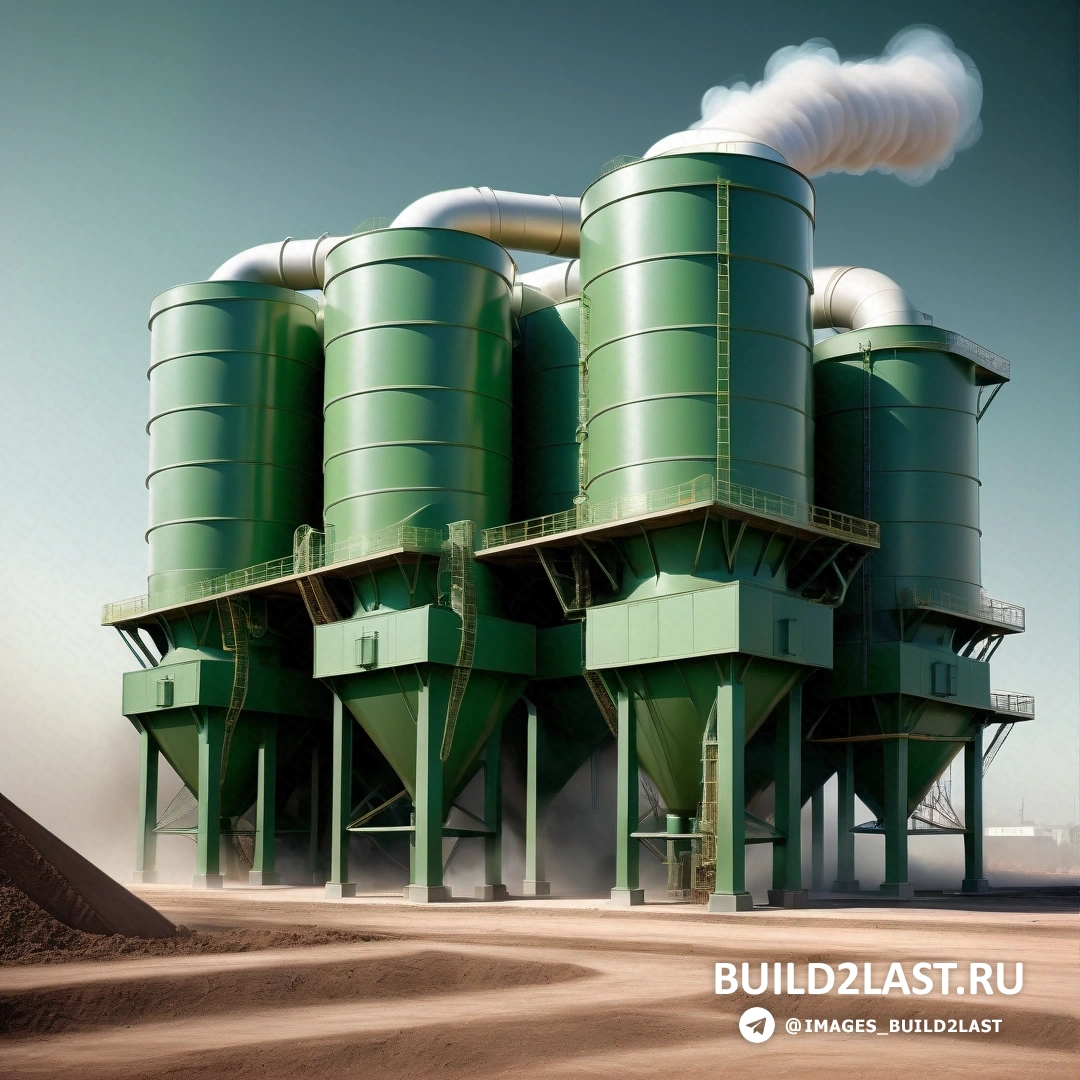 Экологическое искусство - детальная матовая живопись. Большое зеленое промышленное предприятие, из труб и труб которого идет дым.