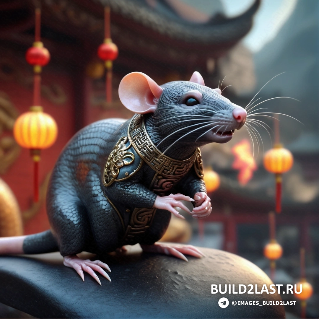 крыса, на черном объекте в китайском храме с фонарями и статуей крысы наверху