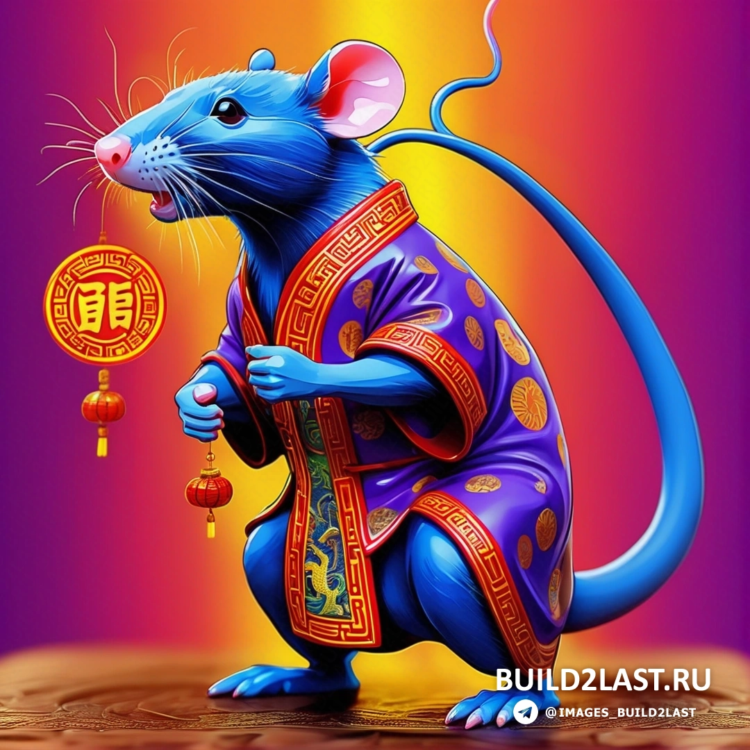 крыса с китайским символом на груди и колокольчиком на шее, стоящая на деревянной поверхности