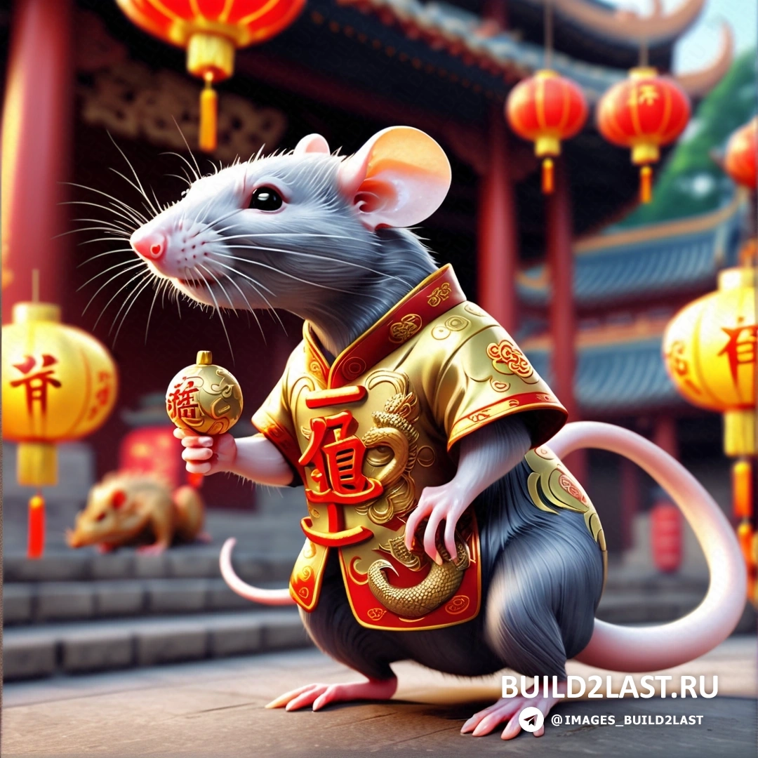 крыса в китайском костюме, держащая мяч в руке, и китайский фонарь с фонарями, свисающими с потолка