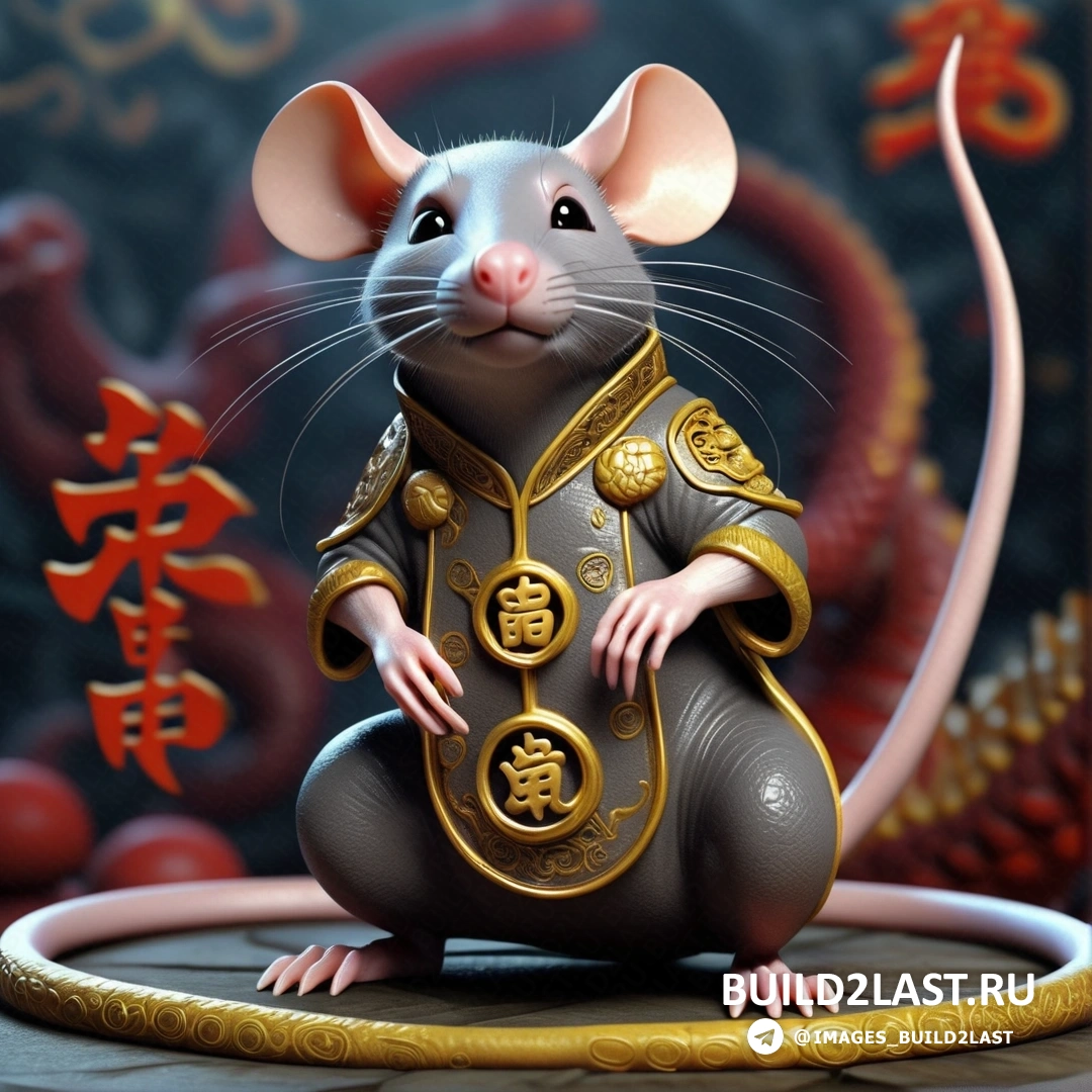 крыса в китайском костюме на круглом предмете с китайским иероглифом 