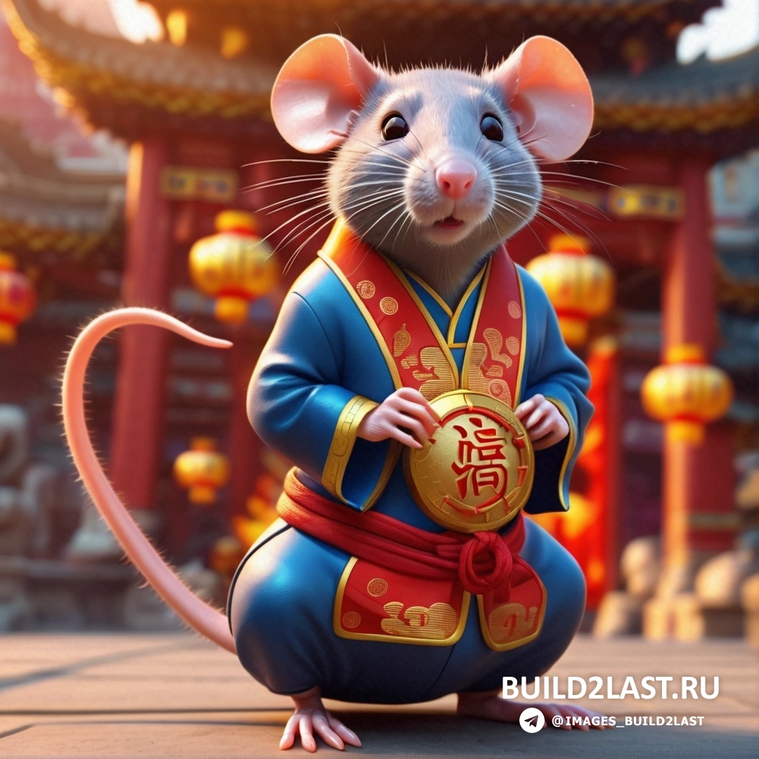 крыса в китайском наряде стоит перед зданием с фонарями