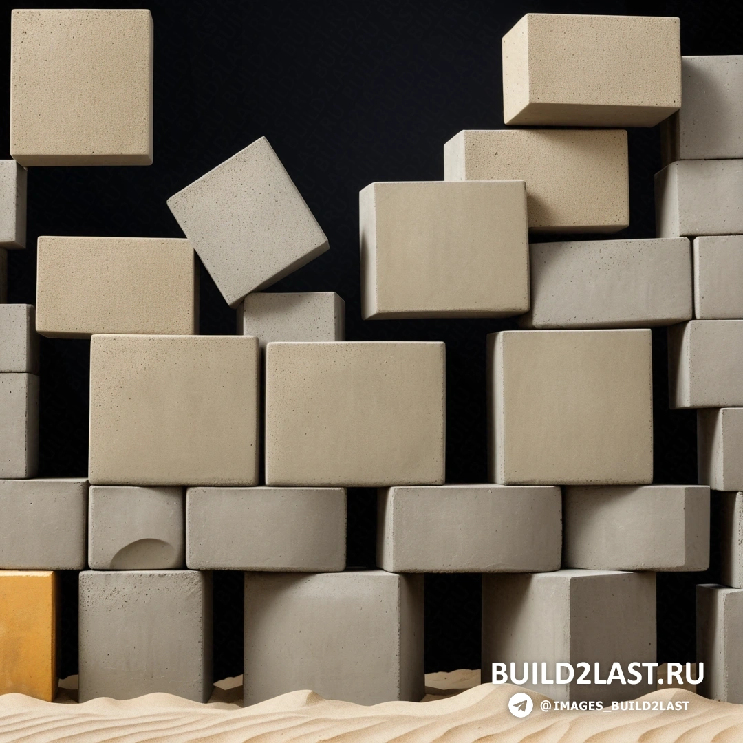 Бетонное искусство - абстрактная скульптура. Куча цементных блоков на песчаной земле рядом с желтой дверью и черной стеной.