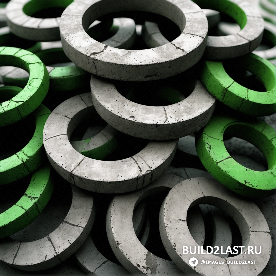 Бетонный арт - рендер Ambient occlusion. Куча цементных колец на цементном полу рядом со стеной из цементных кругов