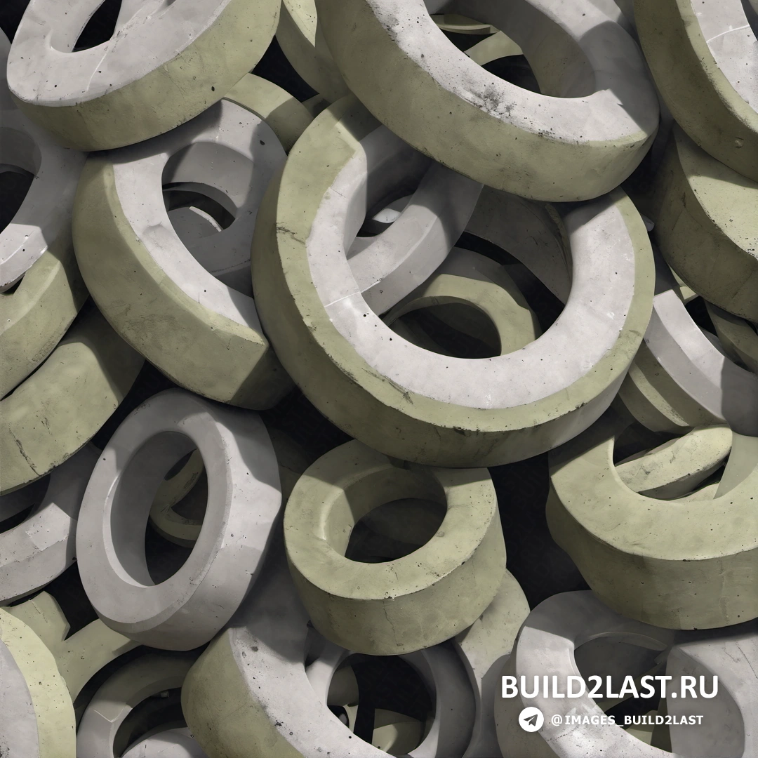 Бетонный арт - рендер Ambient occlusion. Куча цементных колец рядом друг с другом на столе с цементными кольцами и буквами.