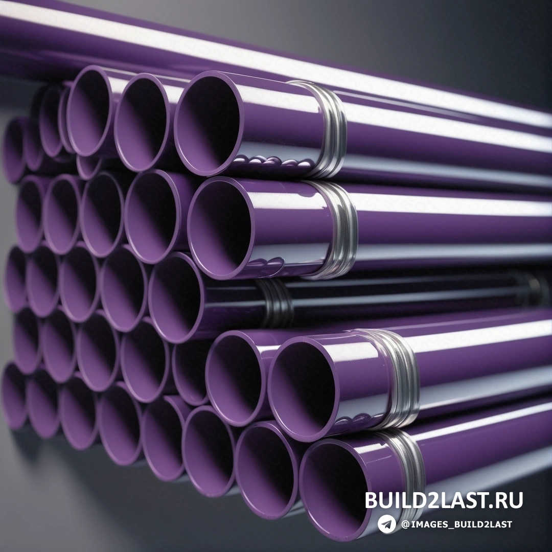 Plasticien - 3D рендер. Связка фиолетовых труб сложены вместе на стене в комнате с серой стеной позади них.