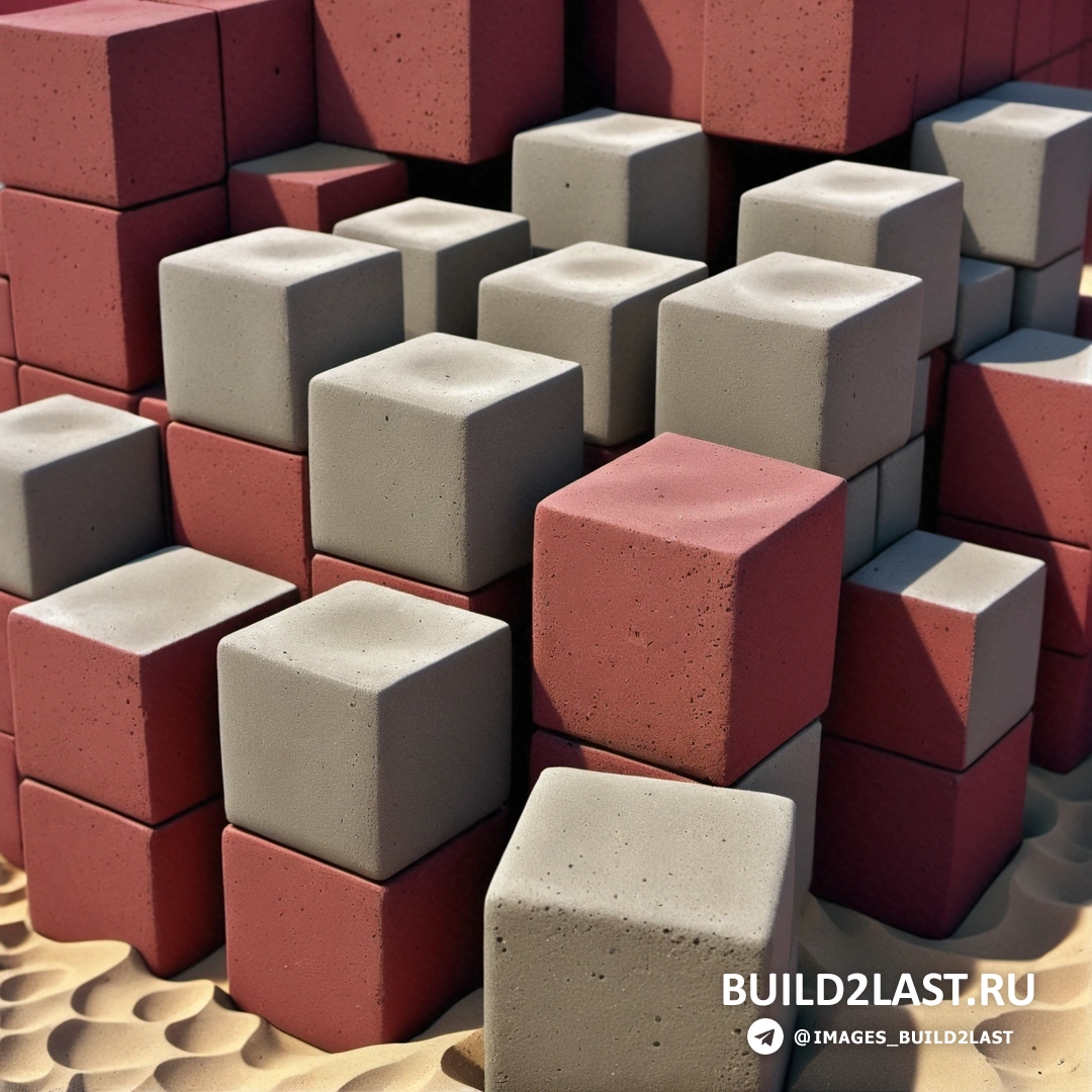 Бетонный арт - рендер Ambient occlusion. Связка красных и белых блоков, сложенных вместе на столешнице, с красно-белым объектом посередине.