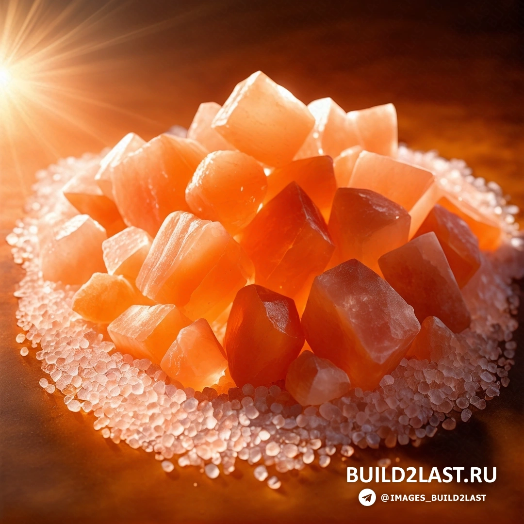 Кристальный кубизм - цифровой рендеринг. Куча кристаллов сахара на столе, за которой на поверхность сияет яркий свет.