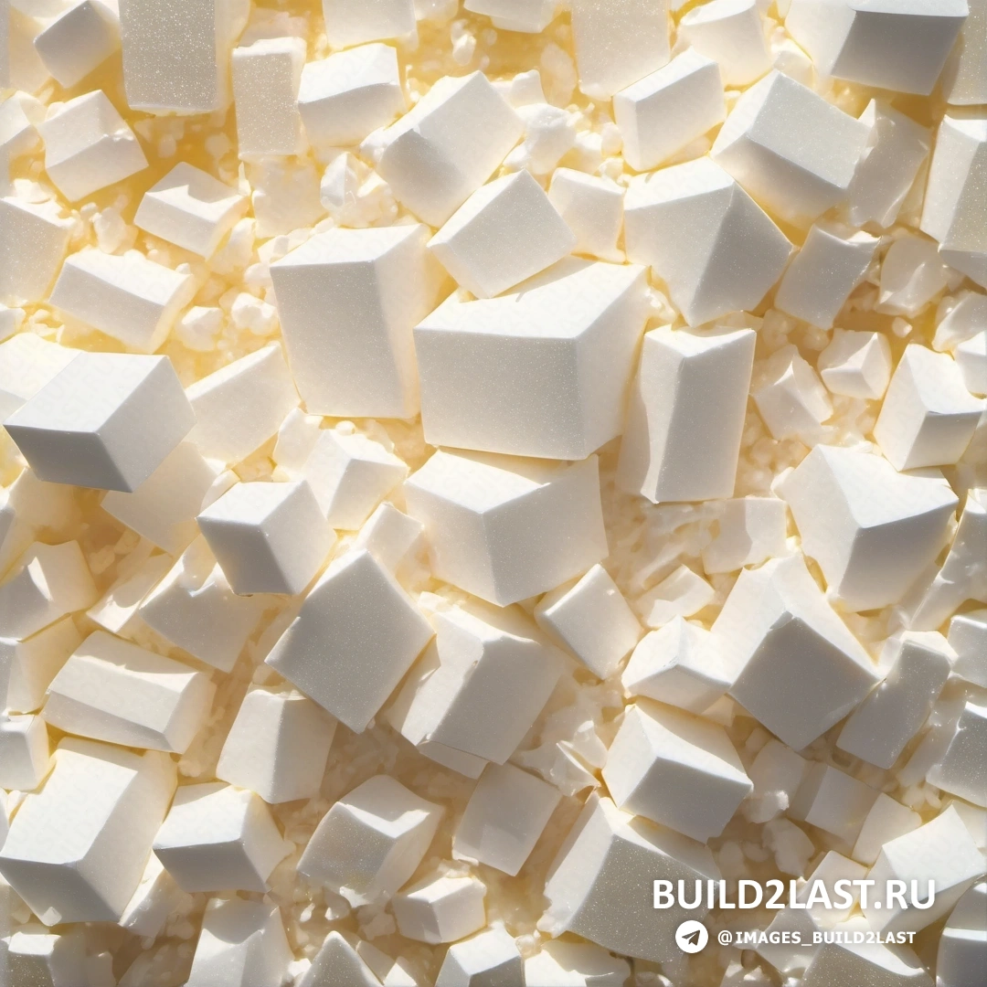 Super Flat - рендер Ambient occlusion. Куча кубиков белого сахара на столе рядом с ножом.