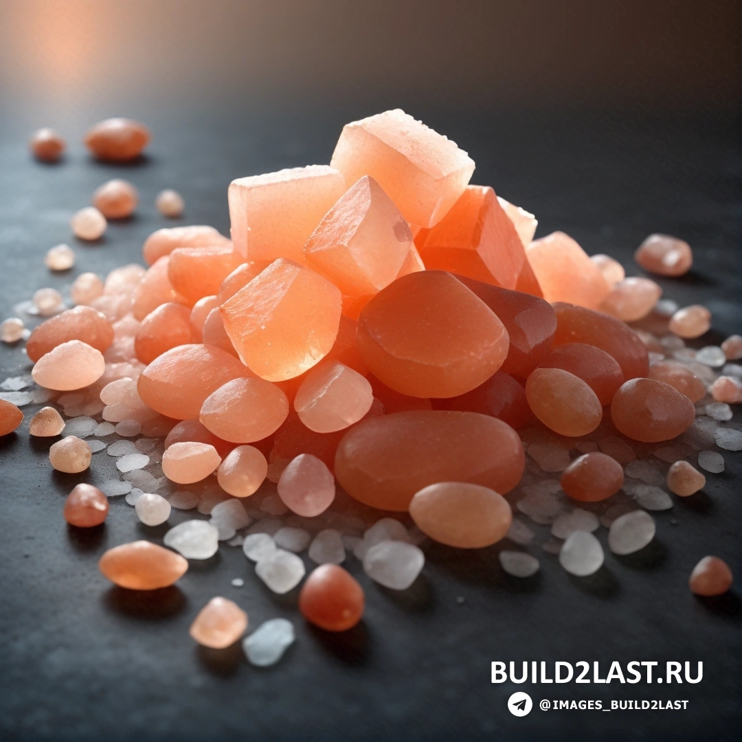 Хрустальный кубизм - 3D рендер. Куча оранжевых и белых камней на столе на черном фоне.