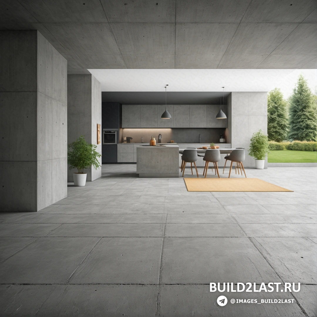 Бетонное искусство - 3D рендер. Кухня и столовая с большой бетонной стеной и полом с ковриком на полу, столом и стульями.