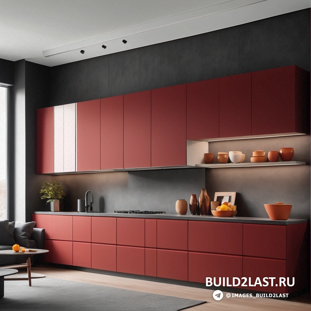 Фотореализм - 3D рендер. Кухня с диваном и столом с окном на заднем плане.