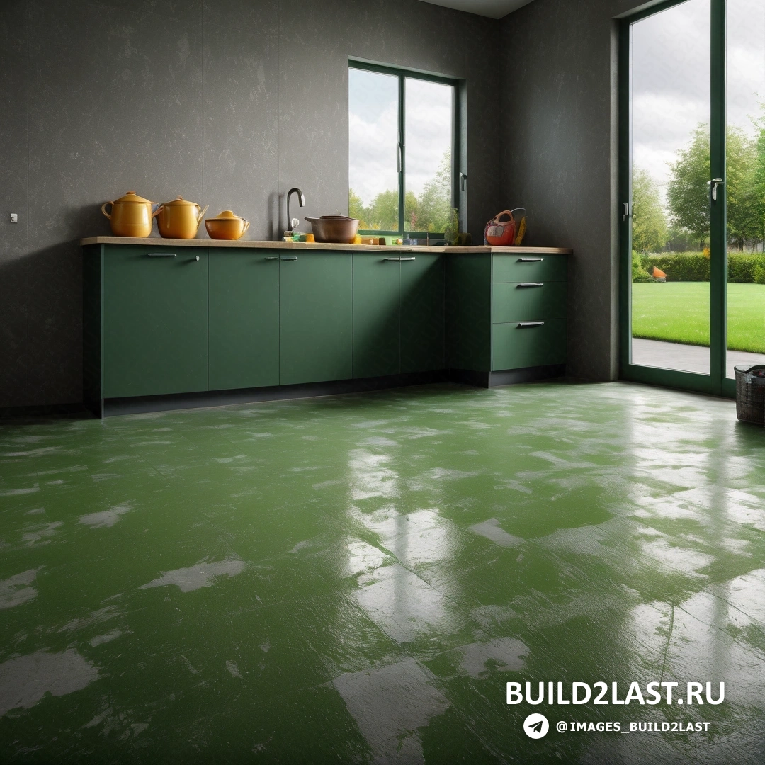 Фотореализм - 3D рендер. Кухня с зеленым полом и большим окном с видом на поле за окном