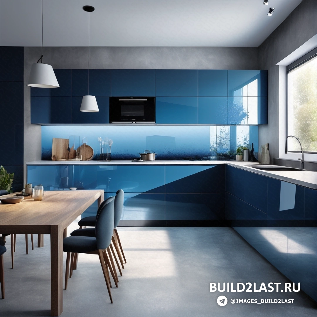 Фотореализм - 3D рендер. Кухня со столом, стульями, микроволновой печью и окном на заднем плане.