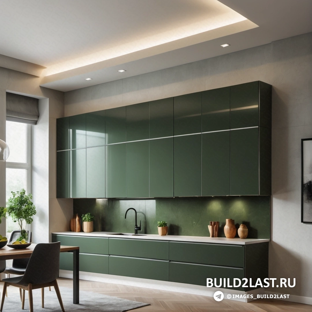 Фотореализм - 3D рендер. Кухня со столом, стульями и окном на заднем плане.