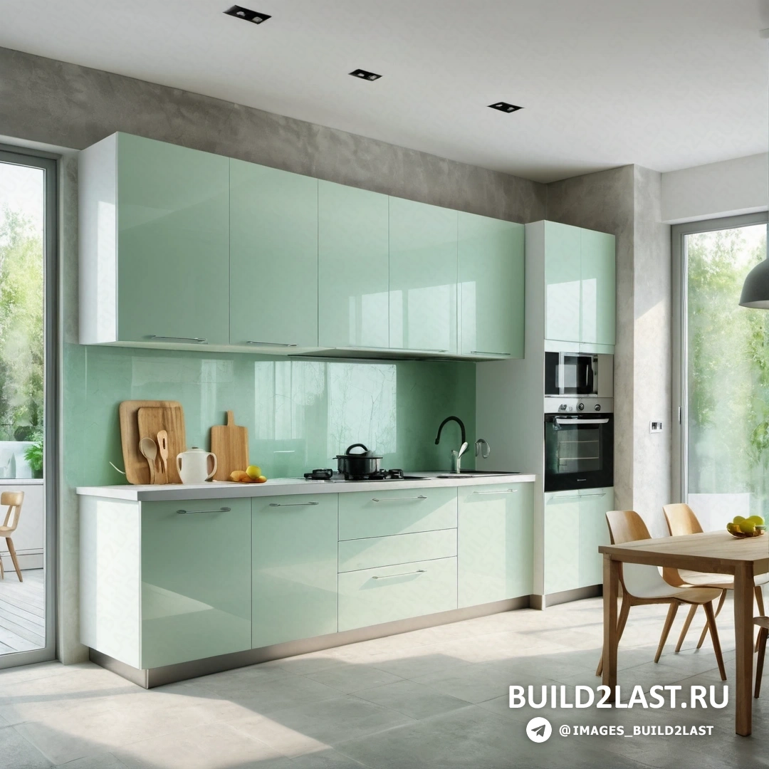 Фотореализм - 3D рендер. Кухня со столом, стульями и окном на заднем плане.