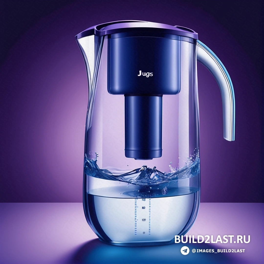 Гиперреализм - компьютерный рендеринг. Кувшин с водой с ручкой и фильтром для воды сбоку, на фиолетовом фоне.