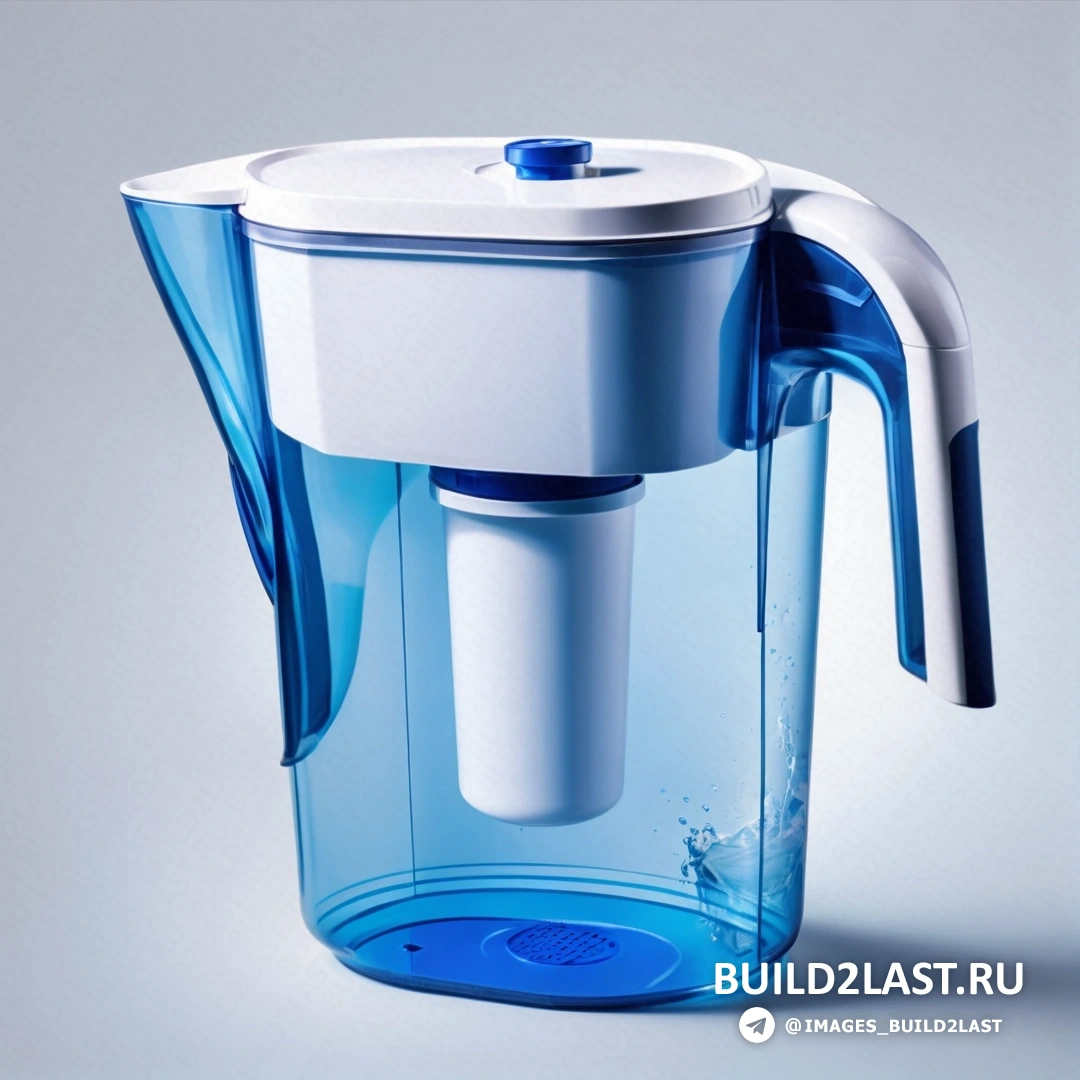 Plasticien - компьютерный рендеринг. Кувшин для воды с синей крышкой и белой ручкой на сером фоне.