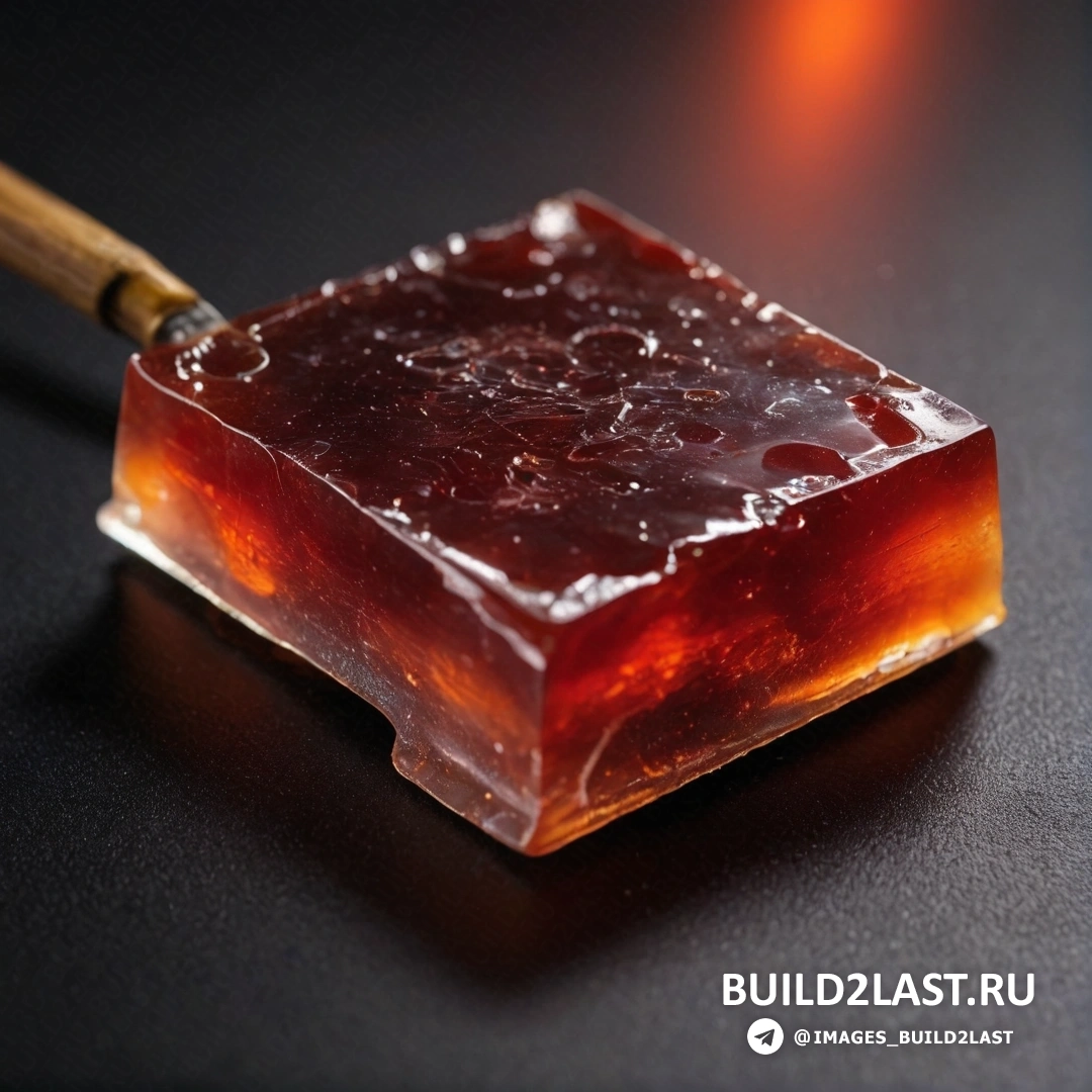 Mingei - 3D-рендеринг. Квадратный кусок воска с деревянной ручкой на столе с черной поверхностью и светом на заднем плане