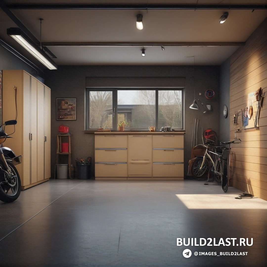 La moto est gar&#233;e dans un garage avec une fen&#234;tre et un v&#233;lo par terre devant