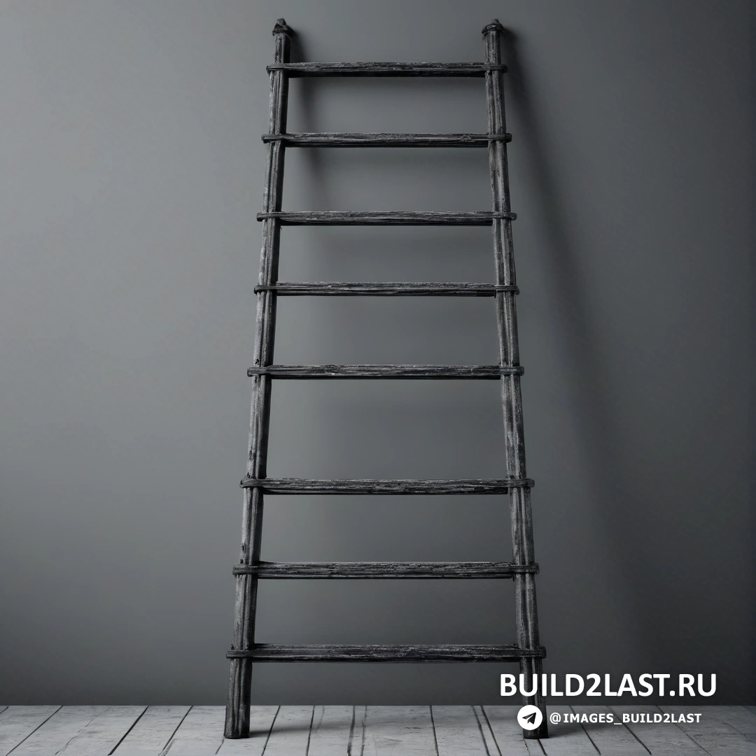 Конструктивизм - стоковая фотография. Лестница, прислоненная к стене в комнате с деревянным полом и серой стеной за ней