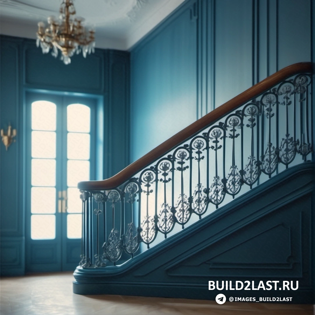 Рококо – фламандское барокко. Лестница с люстрой и люстрой, свисающей с потолка в синей комнате