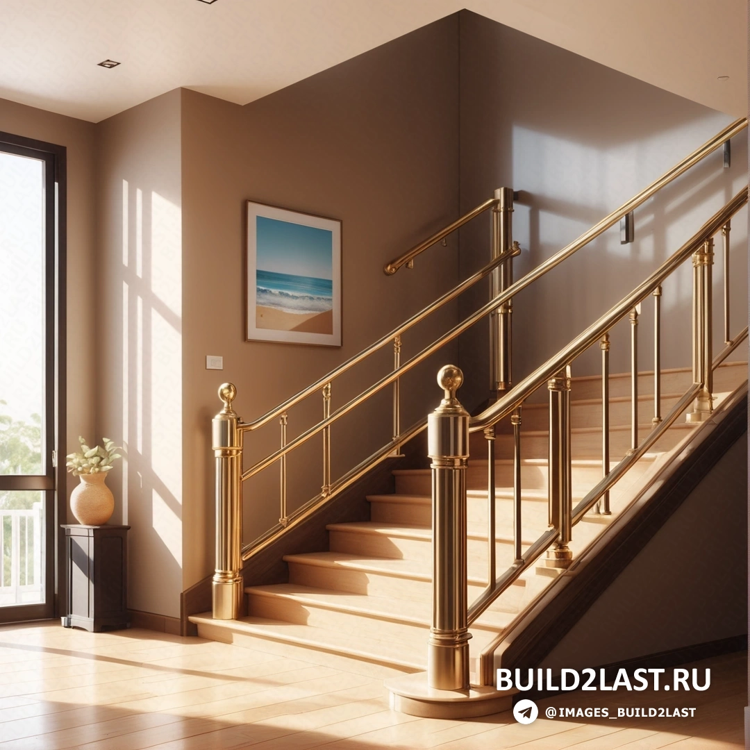 Фотореализм - цифровой рендеринг. Лестница с перилами и картиной на стене над ней и вазой с цветами на полу.