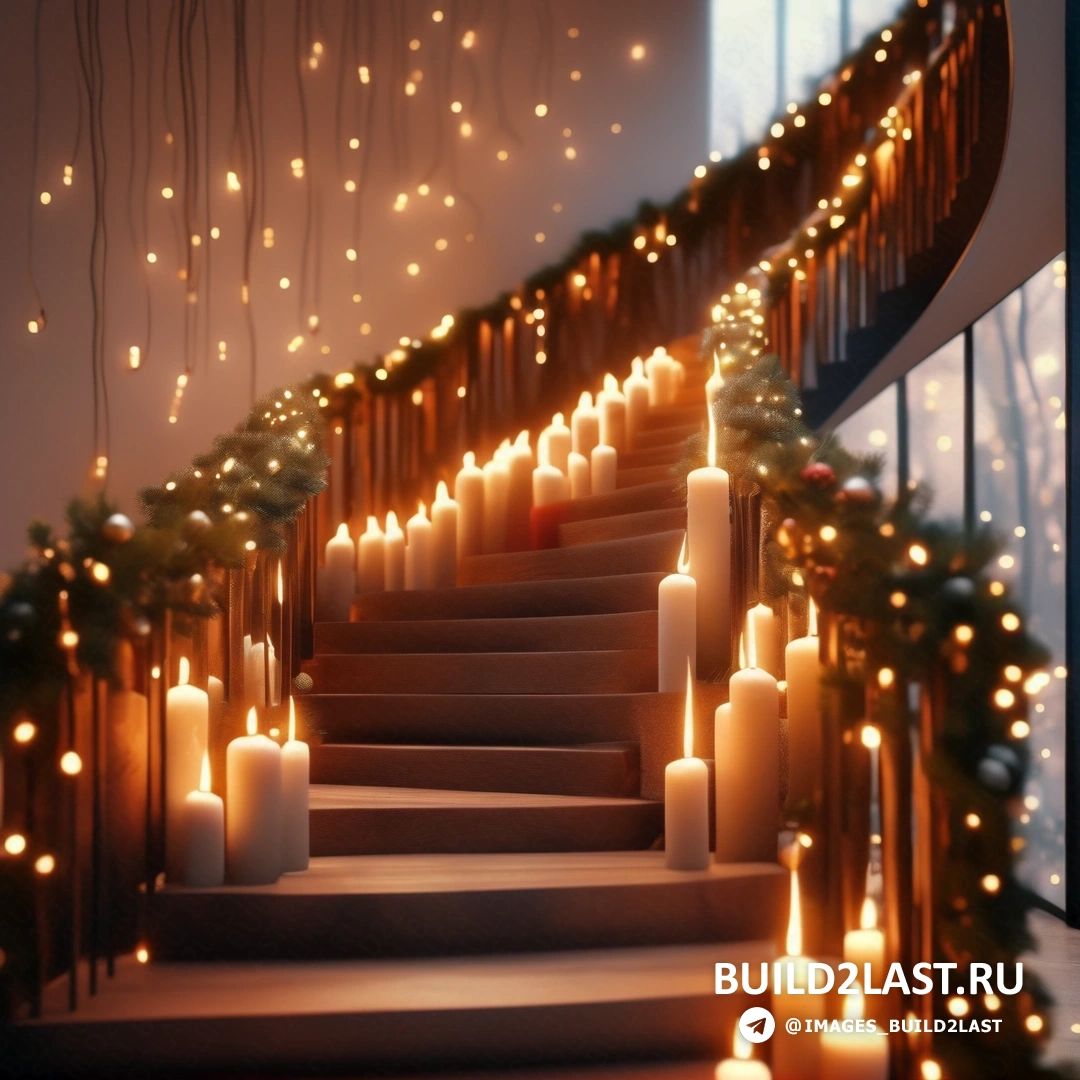 лестница с зажженными свечами и гирляндой на перилах и ёлка с другой стороны