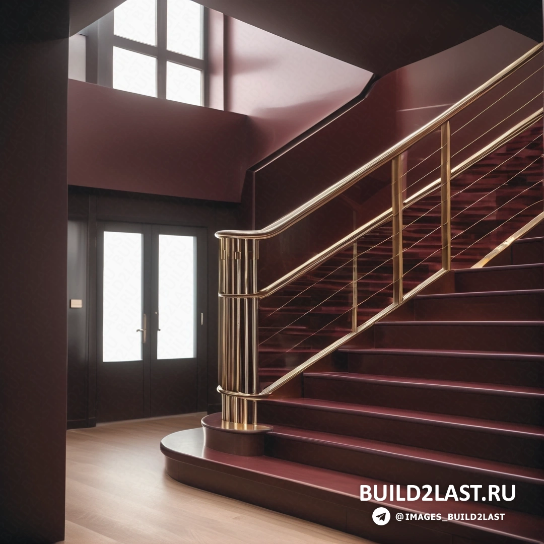 Фотореализм - цифровой рендеринг. Лестница с золотыми перилами и деревянным полом в доме с большим окном и дверью