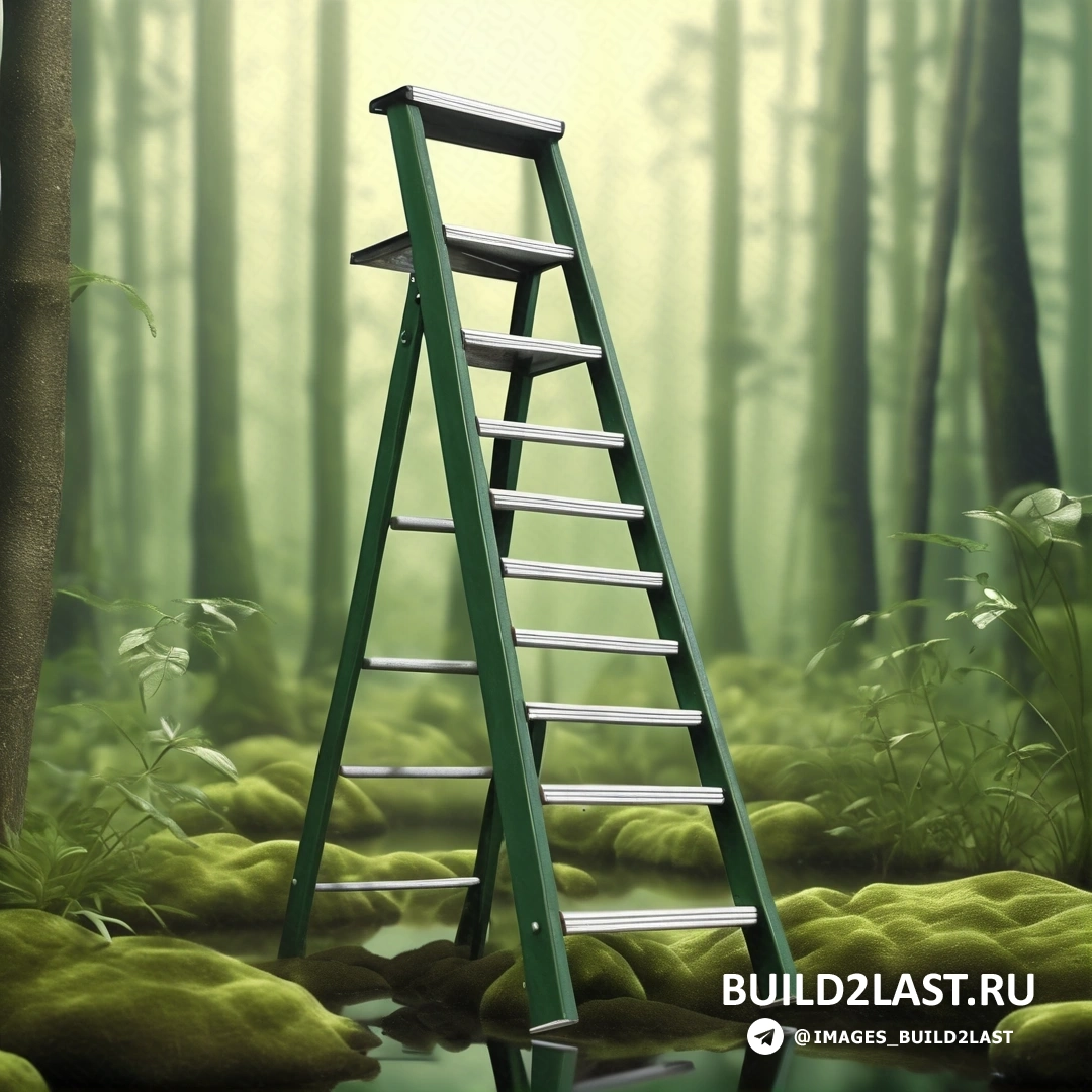 Экологическое искусство - 3D рендер. Лестница стоит посреди леса с мшистыми камнями и ручьем на переднем плане.