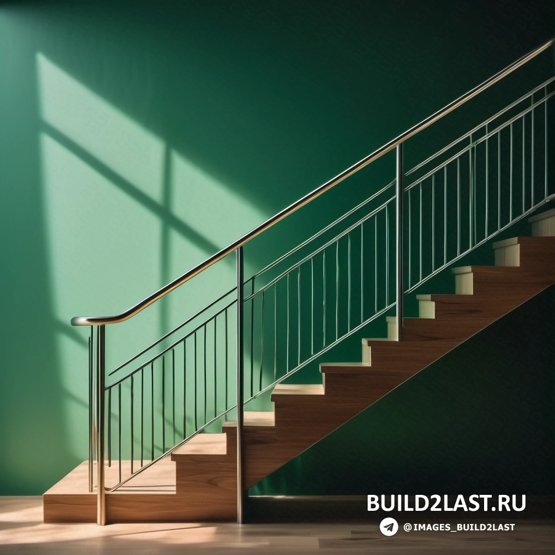 Постминимализм - стоковое фото. Лестница с перилами и поручнями в комнате с зелеными стенами и деревянным полом