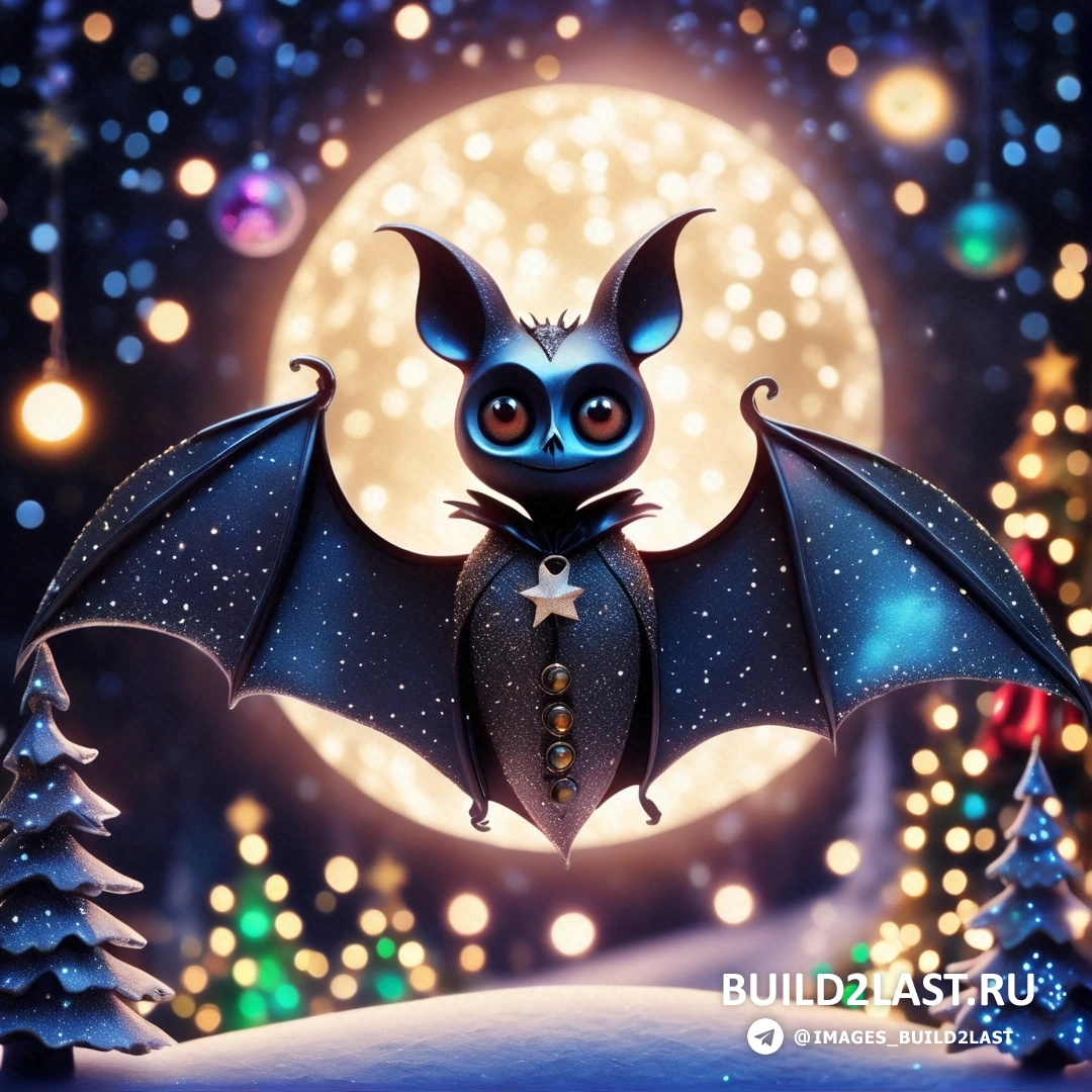 летучая мышь, летящая над заснеженным пейзажем с рождественскими елками и огнями в ночное время при полной луне