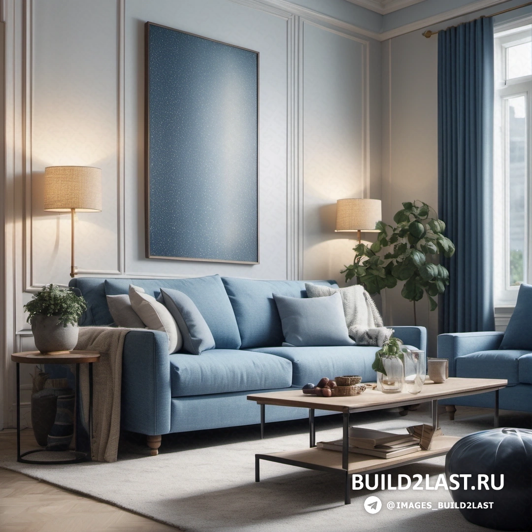 Living room with a blue couch and a coffee table in front of a window