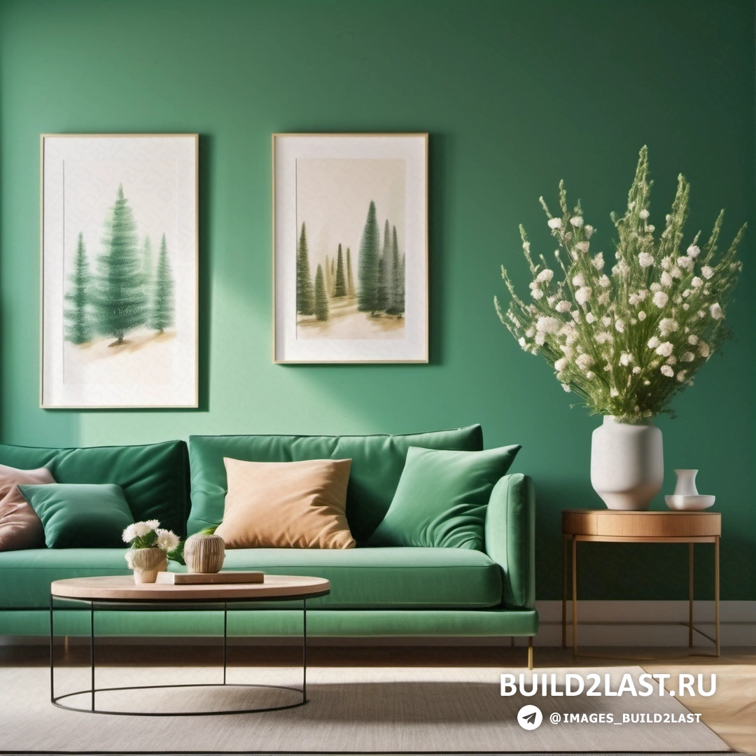 Living room with green walls and a green couch and coffee table with flowers in it and a vase