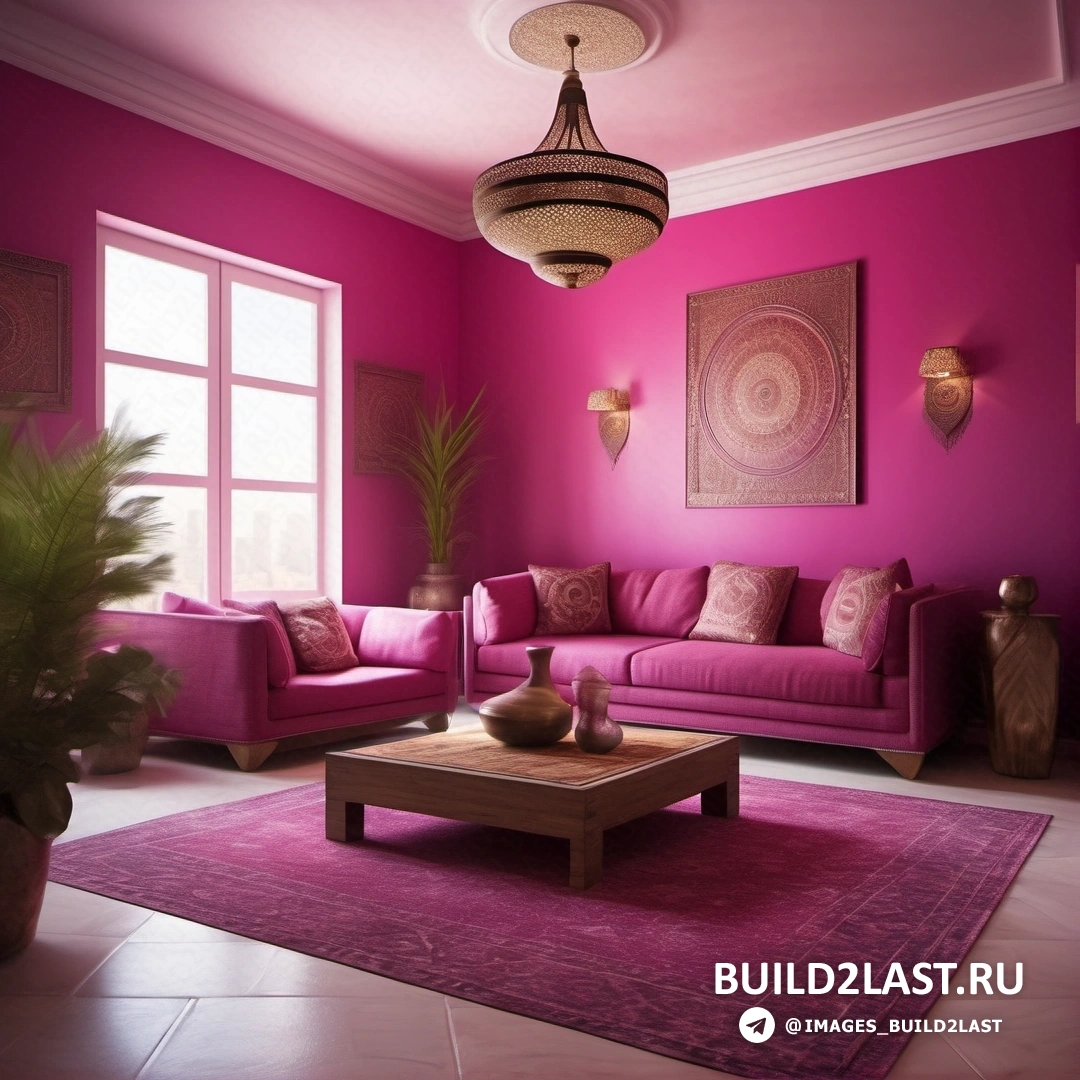  -     : Living room with pink walls and a pink rug on the floor and a pink couch and chair in the corner