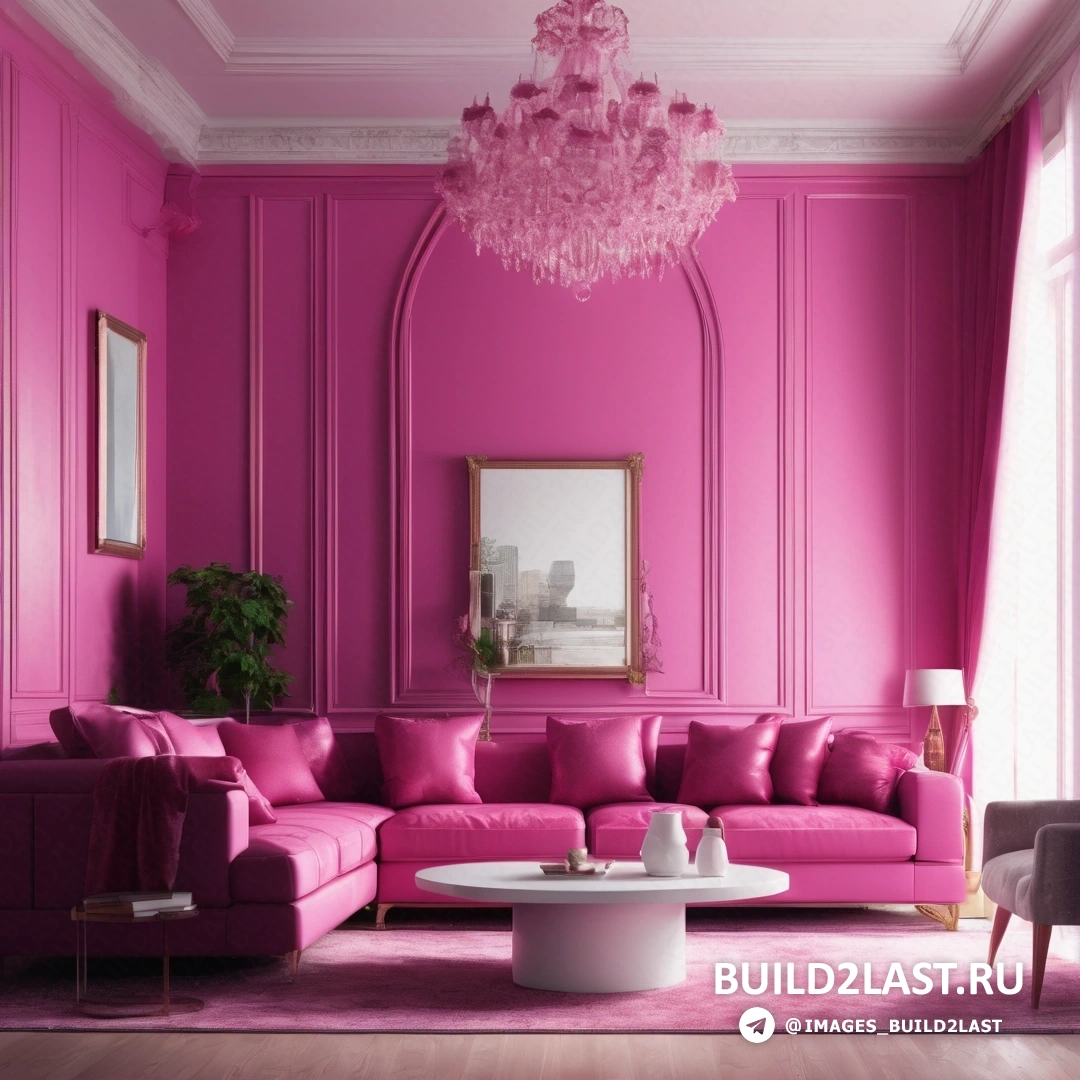 Living room with pink walls and furniture and a chandelier hanging from the ceiling over a white coffee table