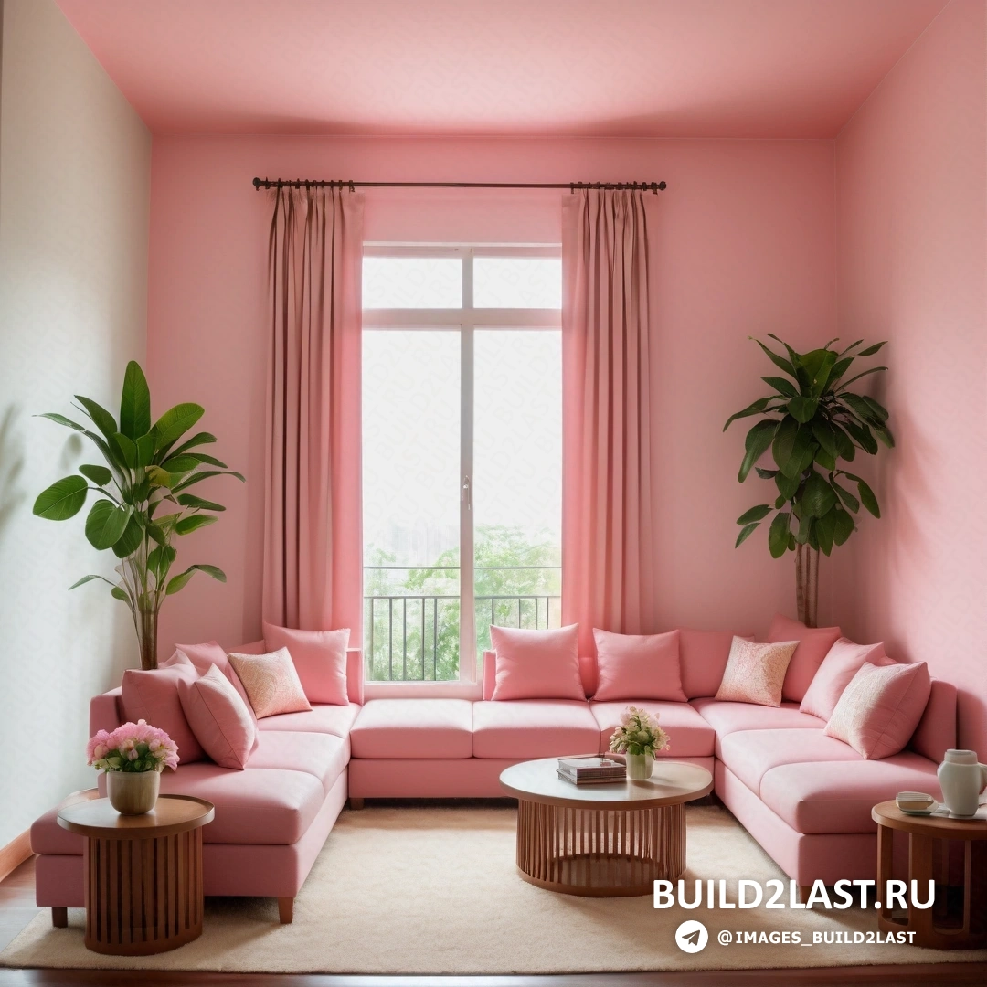 Living room with pink walls and a large window with a plant in it and a pink couch and coffee table
