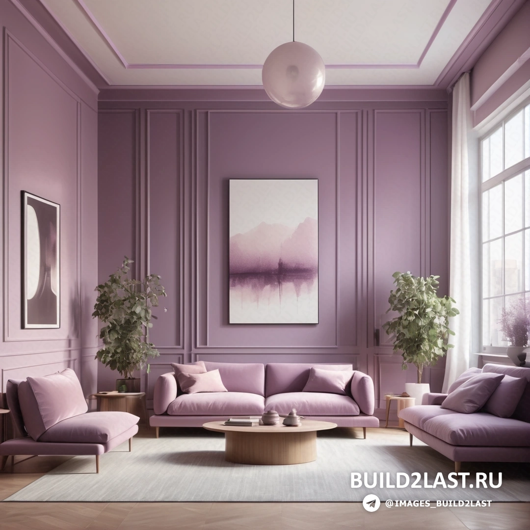 Living room with purple walls and furniture and a painting on the wall above the couches and a coffee table